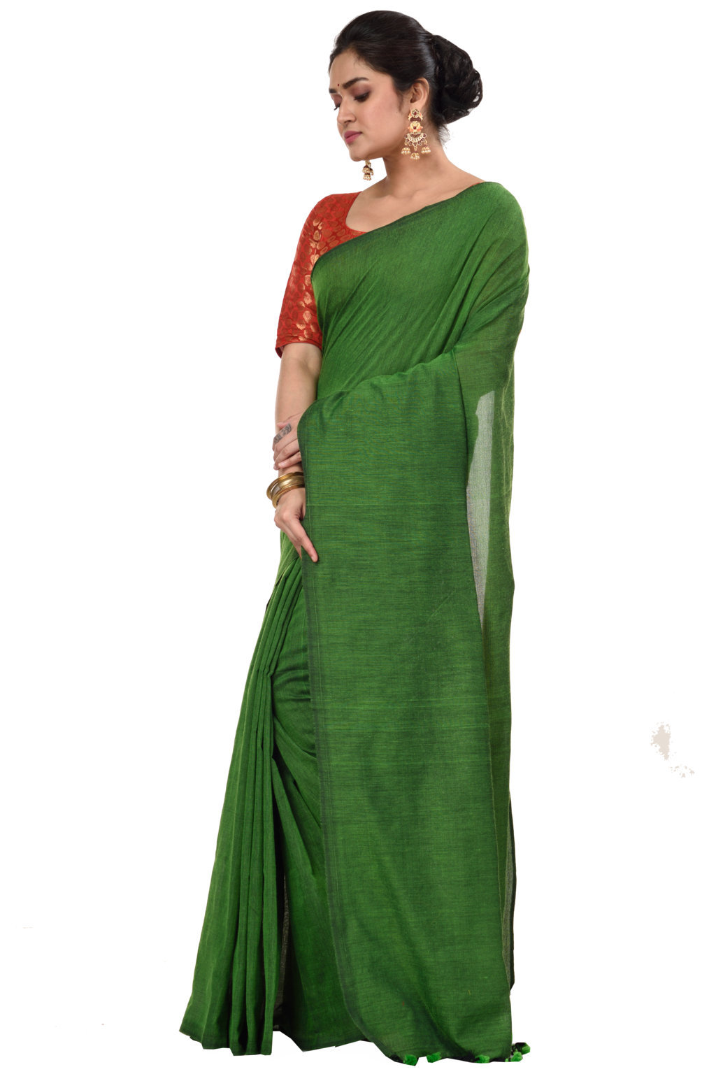 Green Pure Cotton ThanKhadi Hand Loom Saree (445)